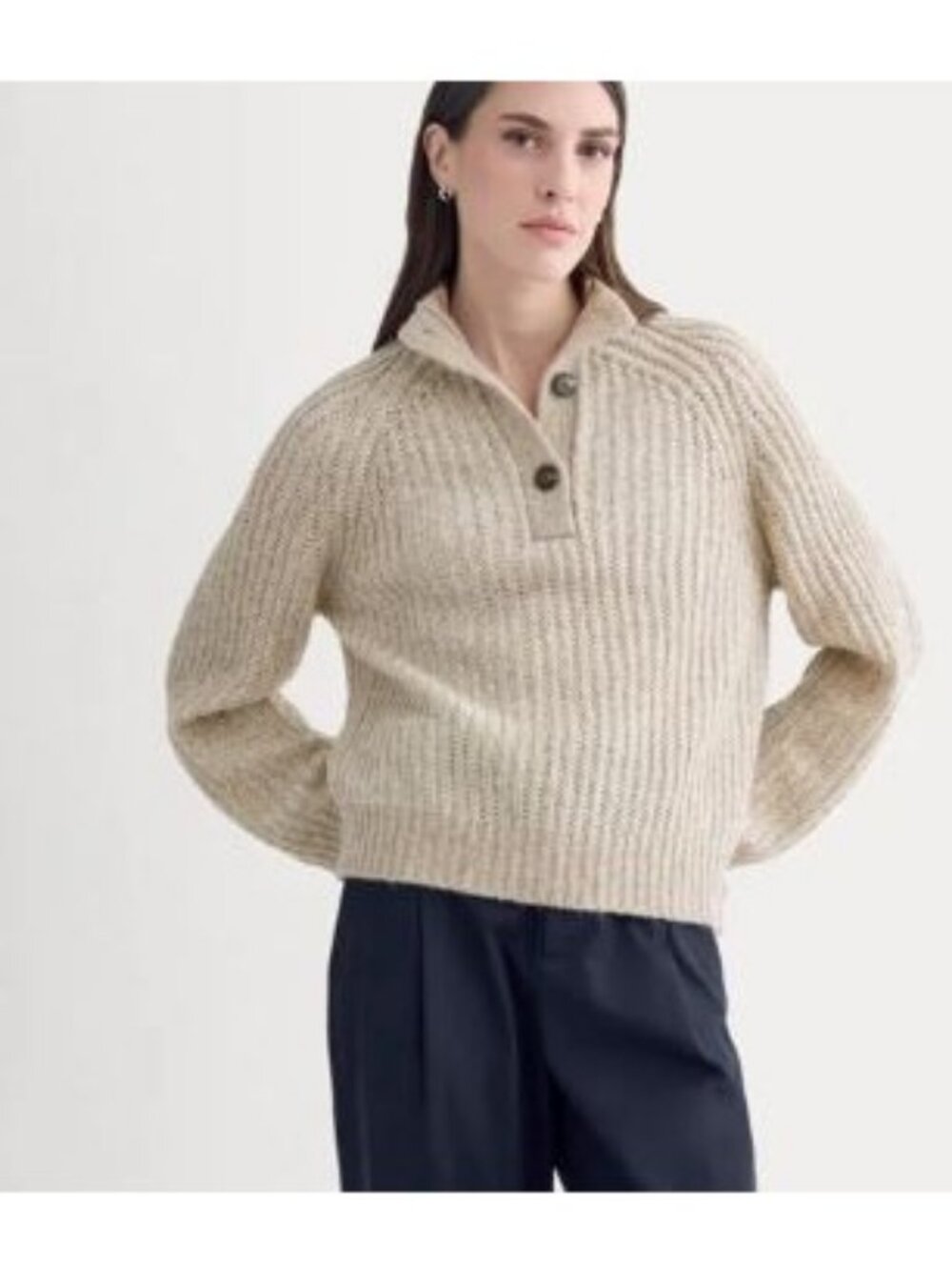 Everlane Funnel-Neck Ribbed Henley Sweater Heathered Almond Bone Vertical Stripe